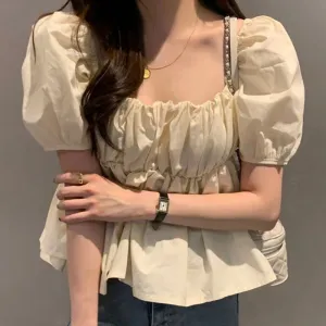 Cream Square Neck Puff Sleeved Peplum Top