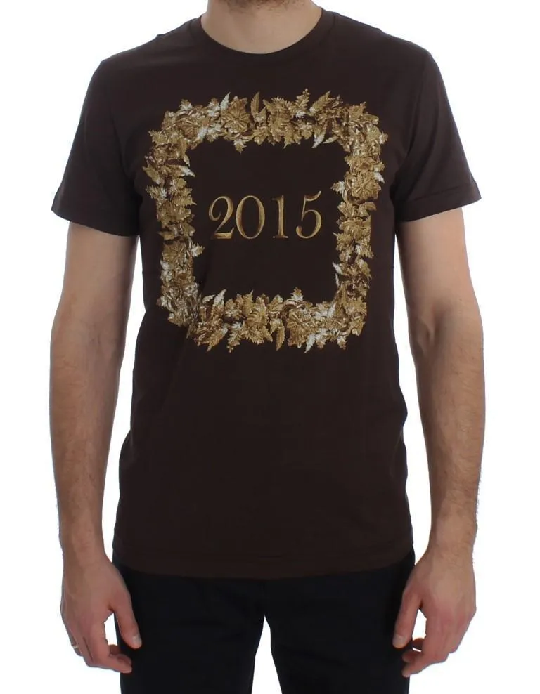 Crewneck 2015 Motive Print Brown Cotton T-shirt