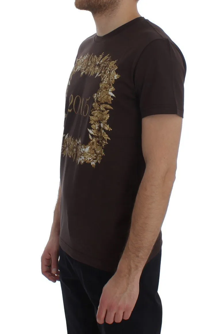 Crewneck 2015 Motive Print Brown Cotton T-shirt