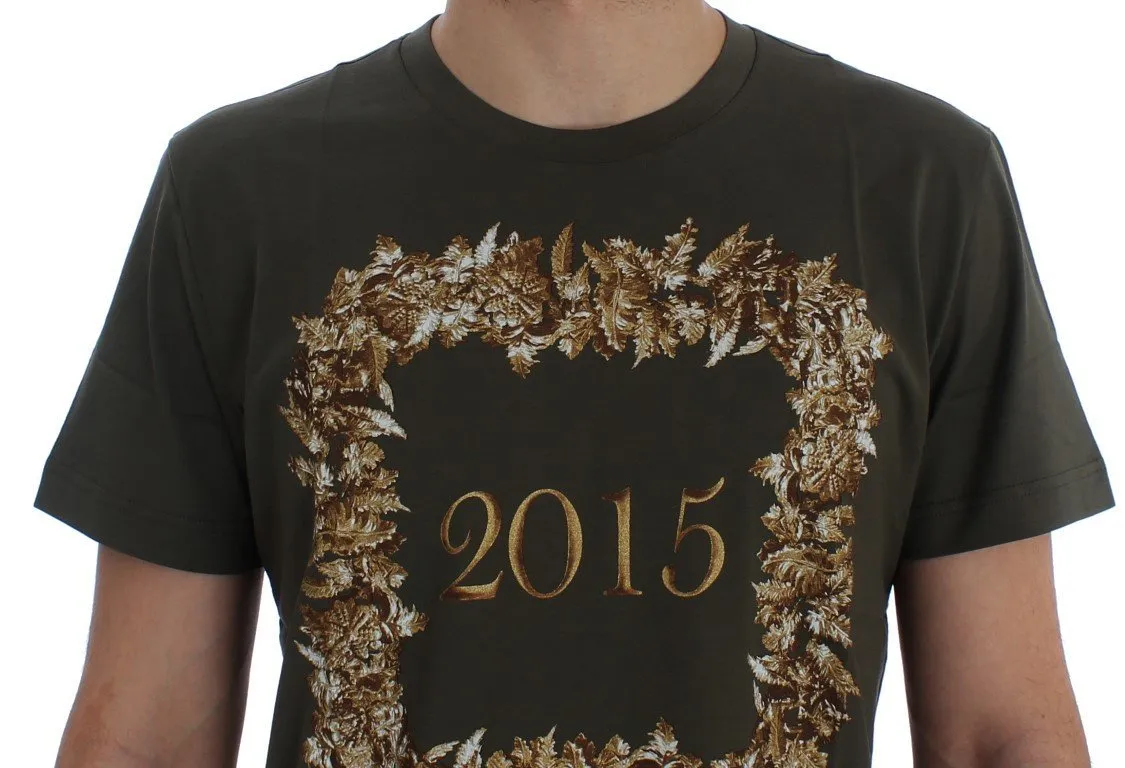 Crewneck 2015 Motive Print Green Cotton T-shirt