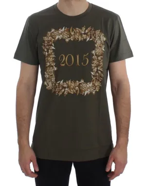 Crewneck 2015 Motive Print Green Cotton T-shirt