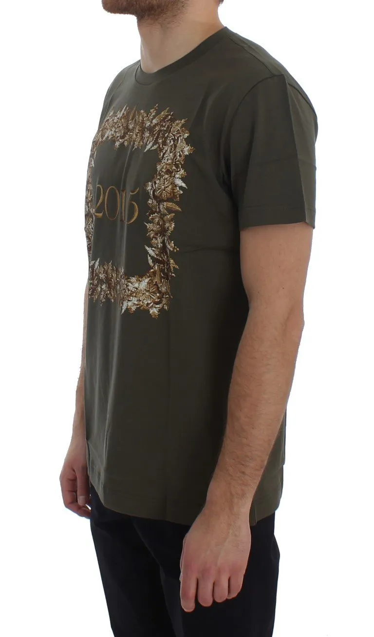 Crewneck 2015 Motive Print Green Cotton T-shirt