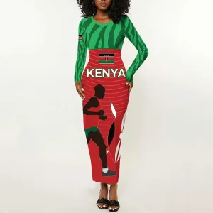 Custom Afro Athletics Kenya Long Sleeve Bodycon Dress Kenyan Runner - Maasai Shield LT15