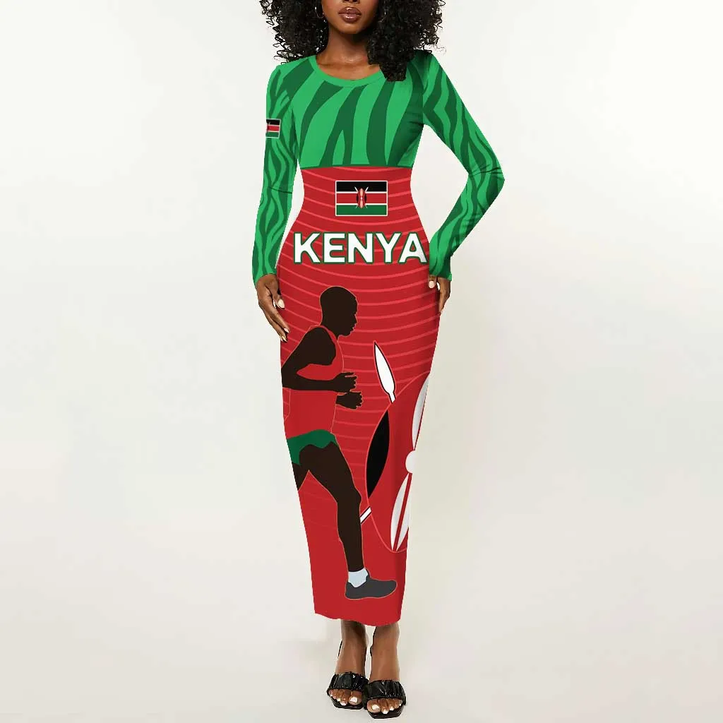 Custom Afro Athletics Kenya Long Sleeve Bodycon Dress Kenyan Runner - Maasai Shield LT15