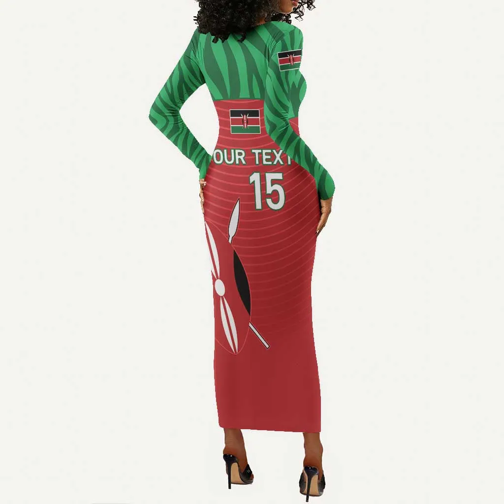 Custom Afro Athletics Kenya Long Sleeve Bodycon Dress Kenyan Runner - Maasai Shield LT15