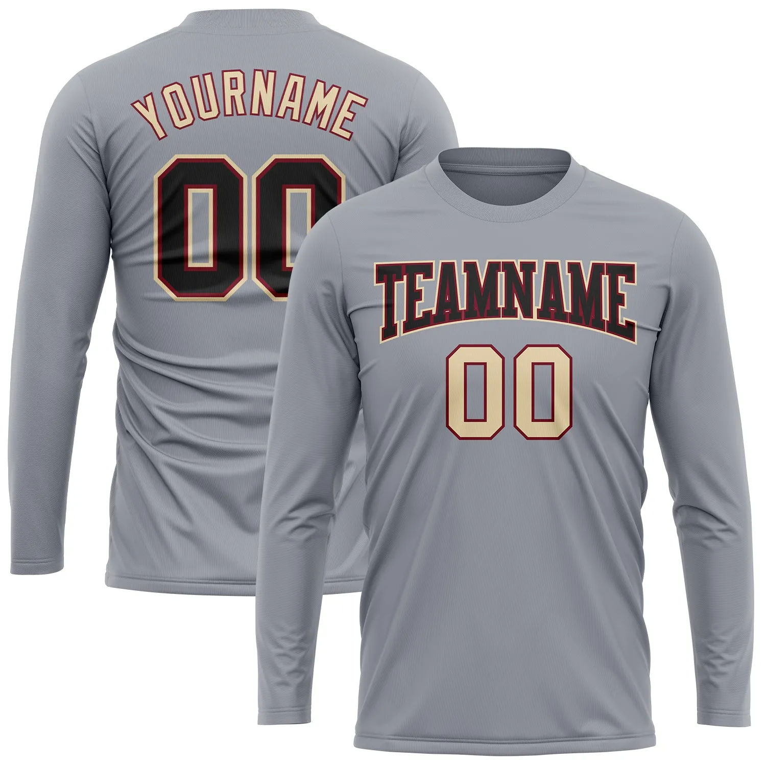 Custom Gray Black Crimson-Cream Long Sleeve Performance T-Shirt