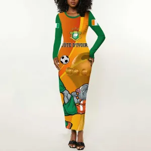 Custom Ivory Coast Football Long Sleeve Bodycon Dress 2024 Mascot With Champions Trophy LT14