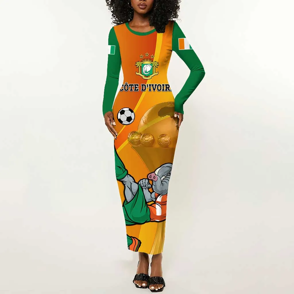 Custom Ivory Coast Football Long Sleeve Bodycon Dress 2024 Mascot With Champions Trophy LT14