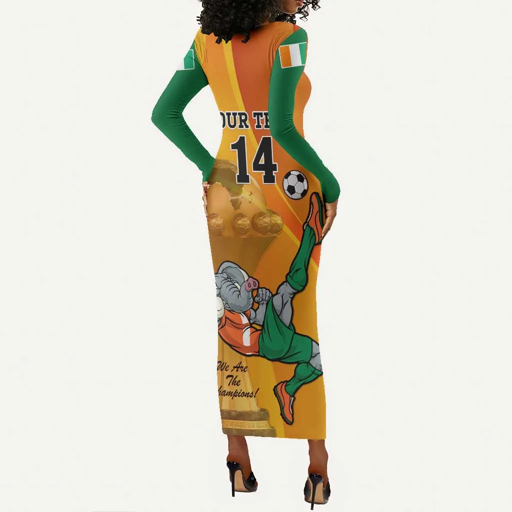 Custom Ivory Coast Football Long Sleeve Bodycon Dress 2024 Mascot With Champions Trophy LT14