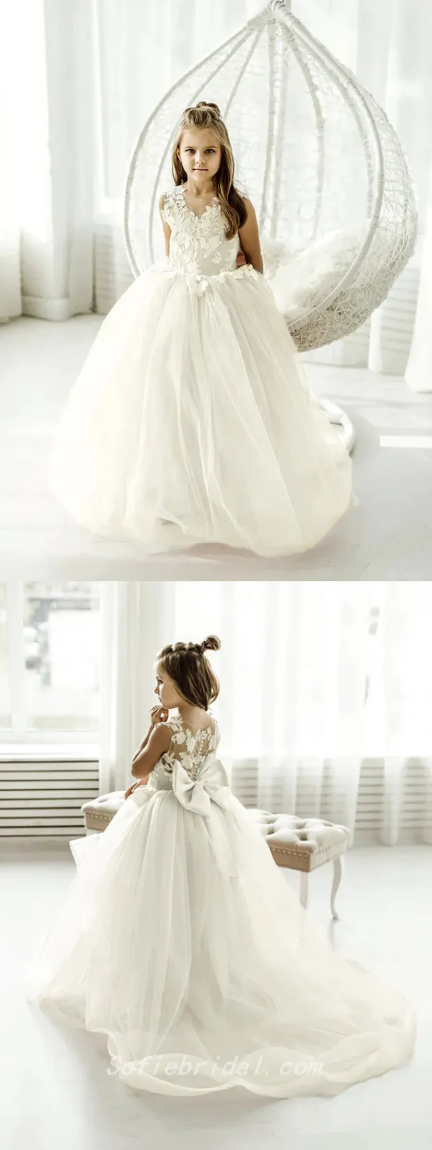 Cute Elegant Spaghetti Straps Lace Tulle A-Line Flower Girl Dresses, FGS0032