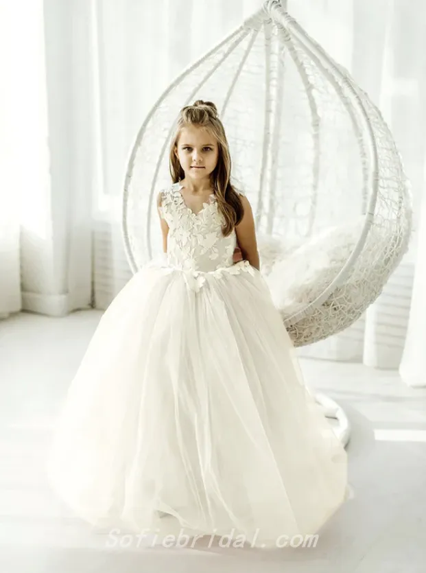 Cute Elegant Spaghetti Straps Lace Tulle A-Line Flower Girl Dresses, FGS0032