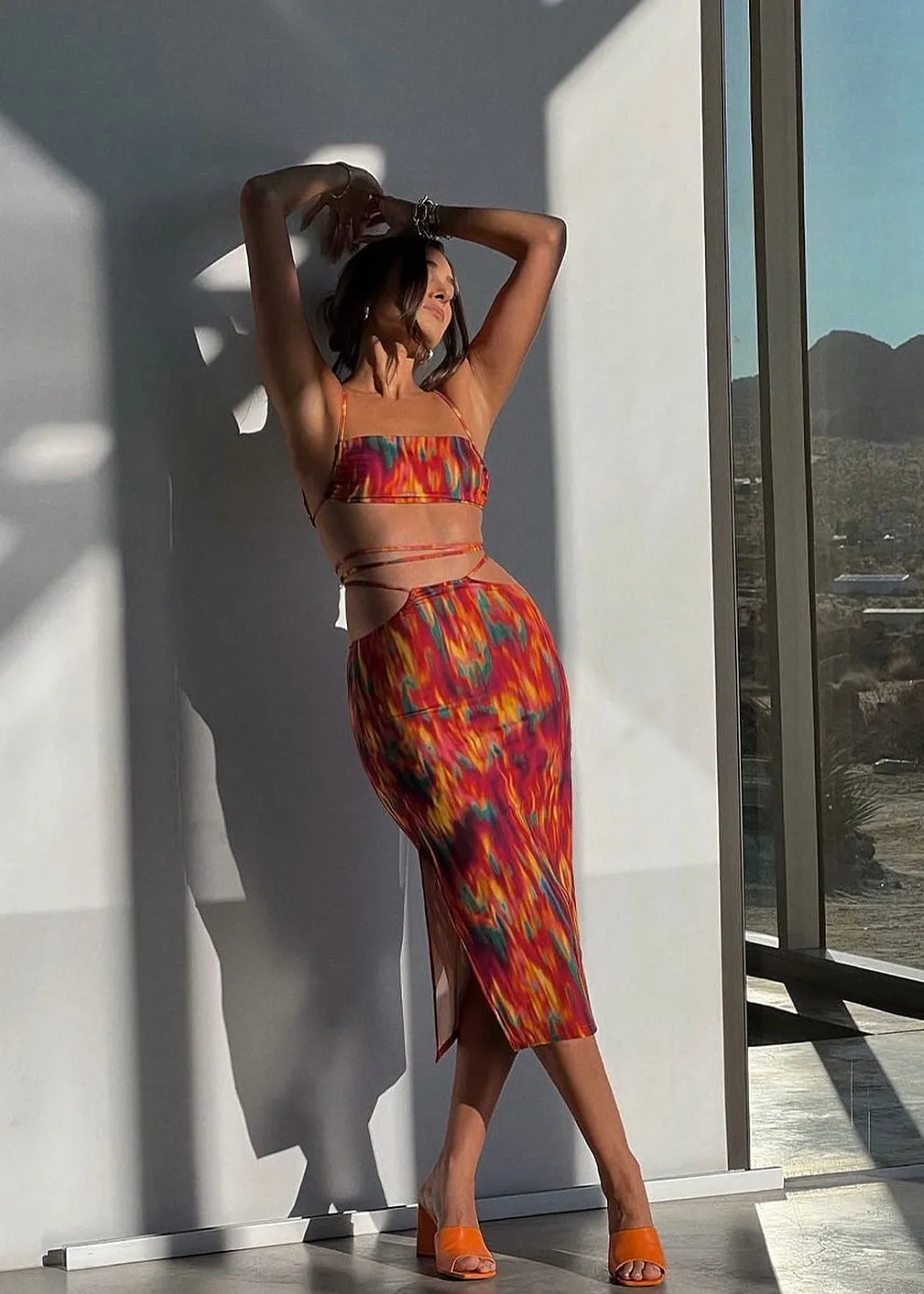 Cutout Fire Tie Dye Midi Skirt