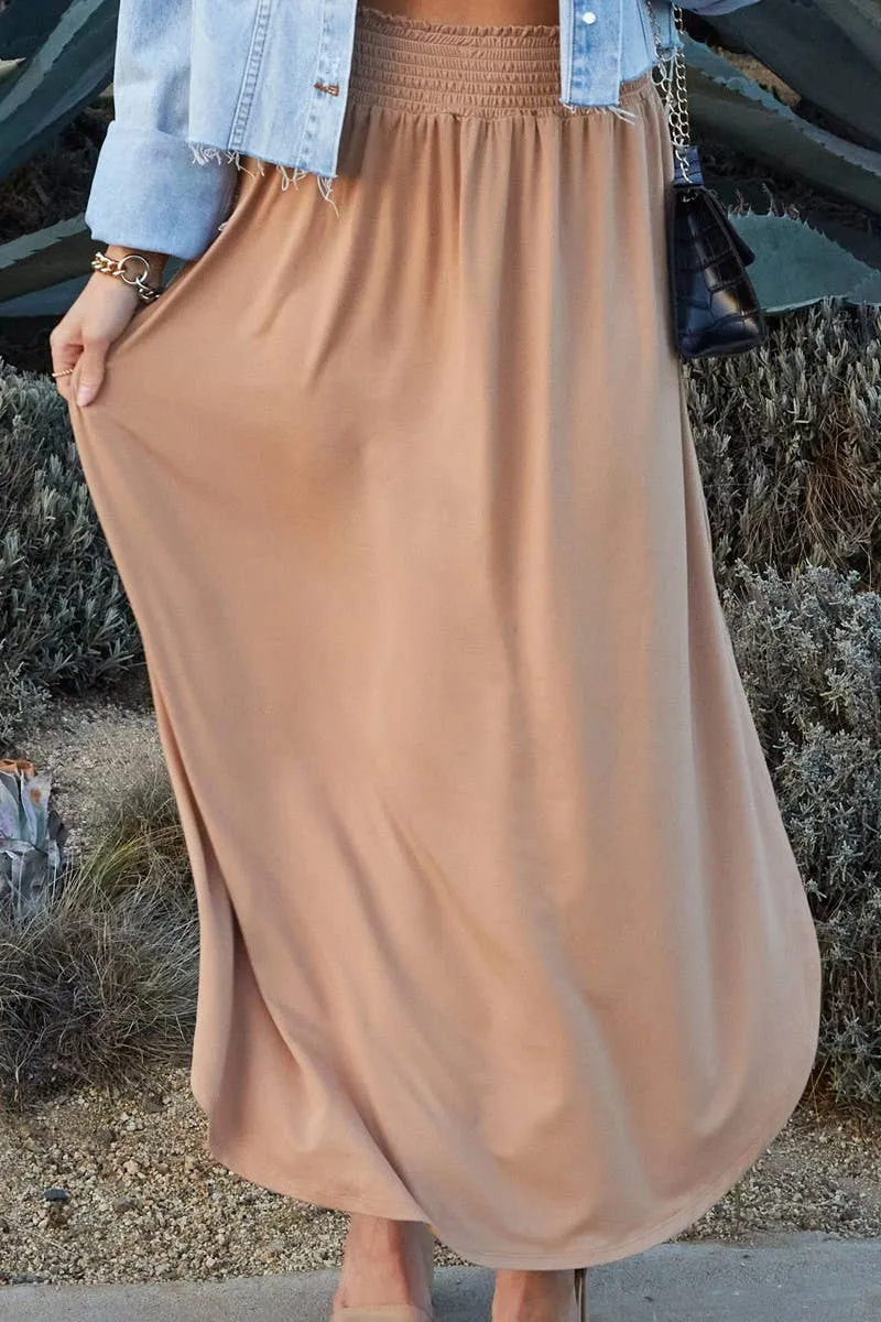 CWBLS041_SMOCKING WAIST MAXI SKIRT WITH SIDE POCKET: Black / (L) 1