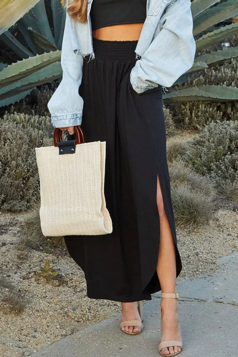 CWBLS041_SMOCKING WAIST MAXI SKIRT WITH SIDE POCKET: Black / (L) 1