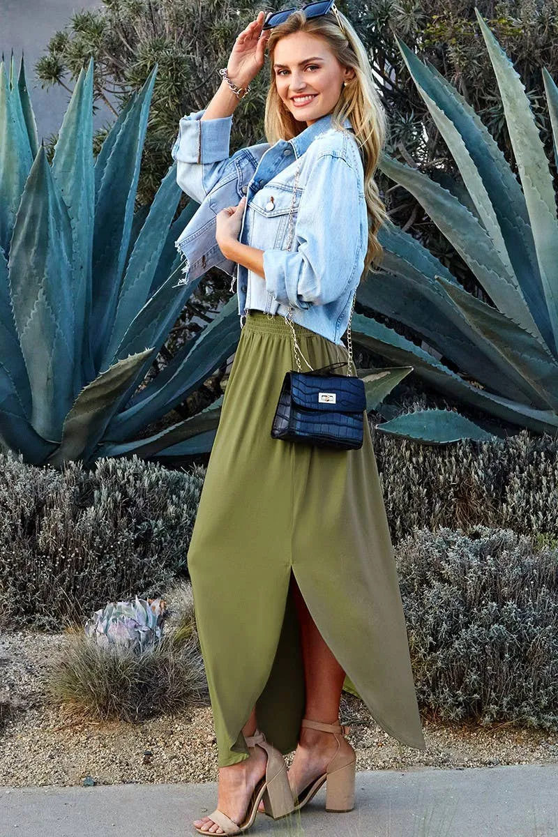 CWBLS041_SMOCKING WAIST MAXI SKIRT WITH SIDE POCKET: Black / (L) 1