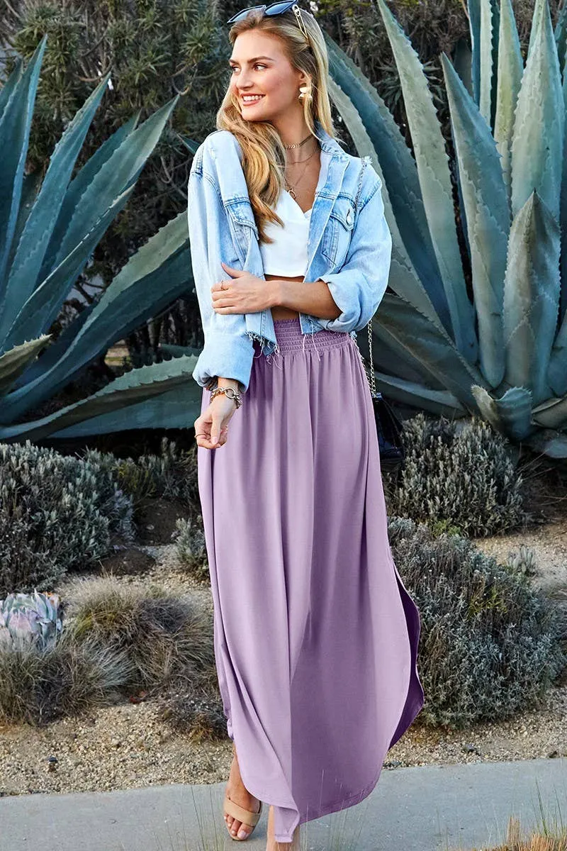 CWBLS041_SMOCKING WAIST MAXI SKIRT WITH SIDE POCKET: CRANBERRY / (M) 1