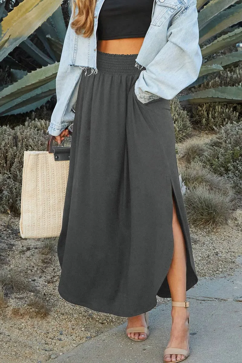 CWBLS041_SMOCKING WAIST MAXI SKIRT WITH SIDE POCKET: CRANBERRY / (M) 1