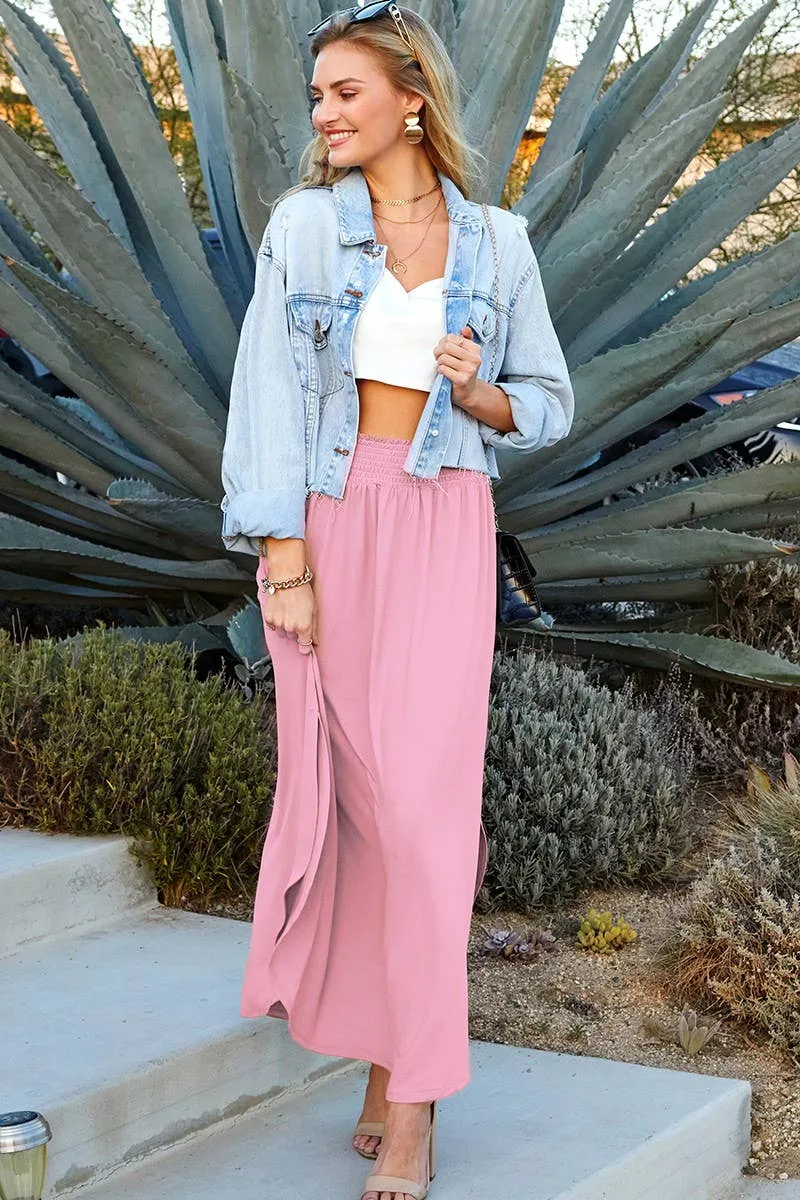 CWBLS041_SMOCKING WAIST MAXI SKIRT WITH SIDE POCKET: CRANBERRY / (M) 1