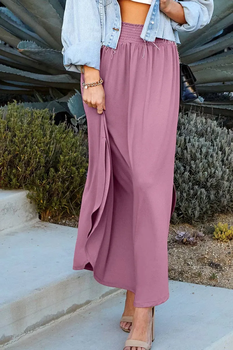 CWBLS041_SMOCKING WAIST MAXI SKIRT WITH SIDE POCKET: CRANBERRY / (M) 1
