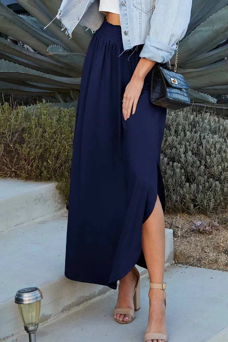 CWBLS041_SMOCKING WAIST MAXI SKIRT WITH SIDE POCKET: CRANBERRY / (M) 1