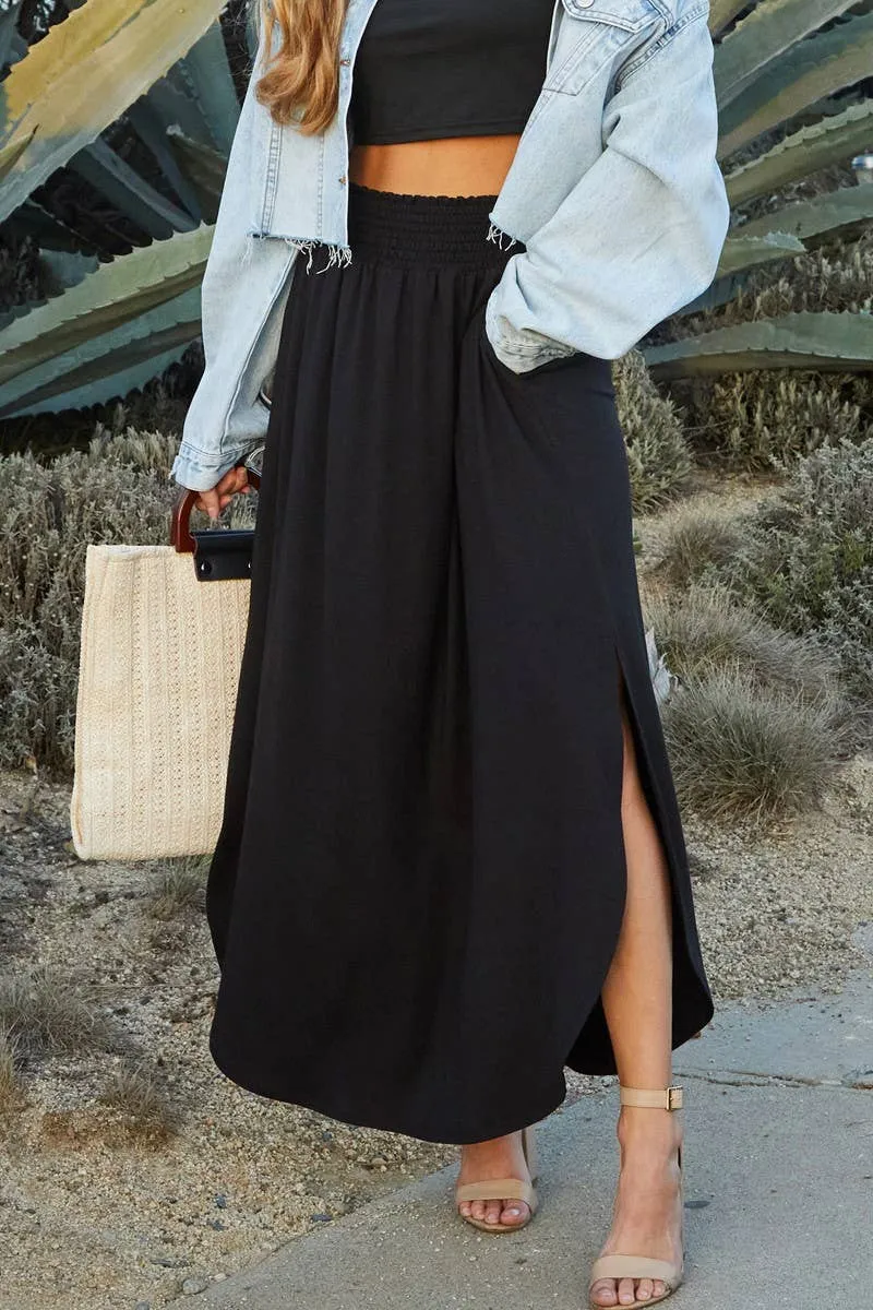 CWBLS041_SMOCKING WAIST MAXI SKIRT WITH SIDE POCKET: CRANBERRY / (M) 1