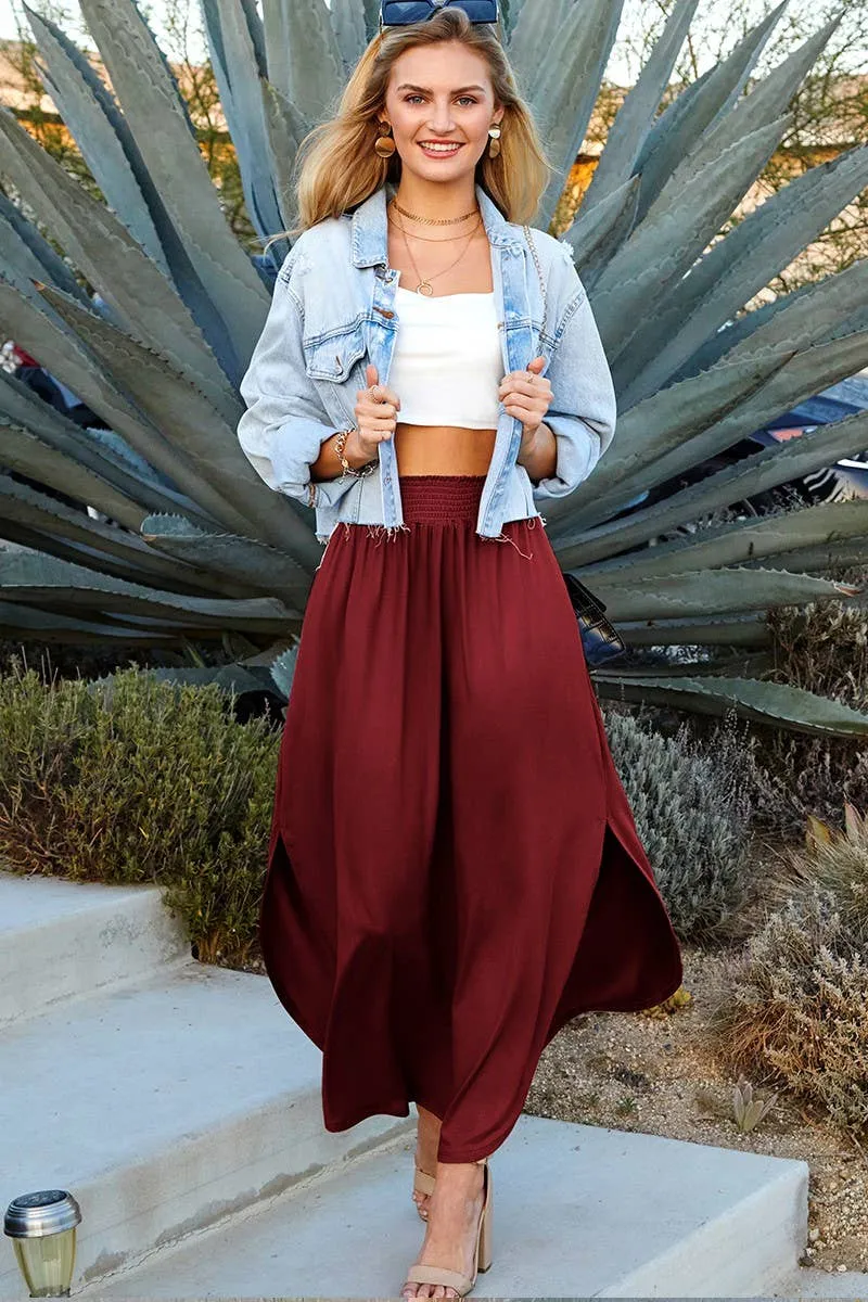 CWBLS041_SMOCKING WAIST MAXI SKIRT WITH SIDE POCKET: CRANBERRY / (M) 1
