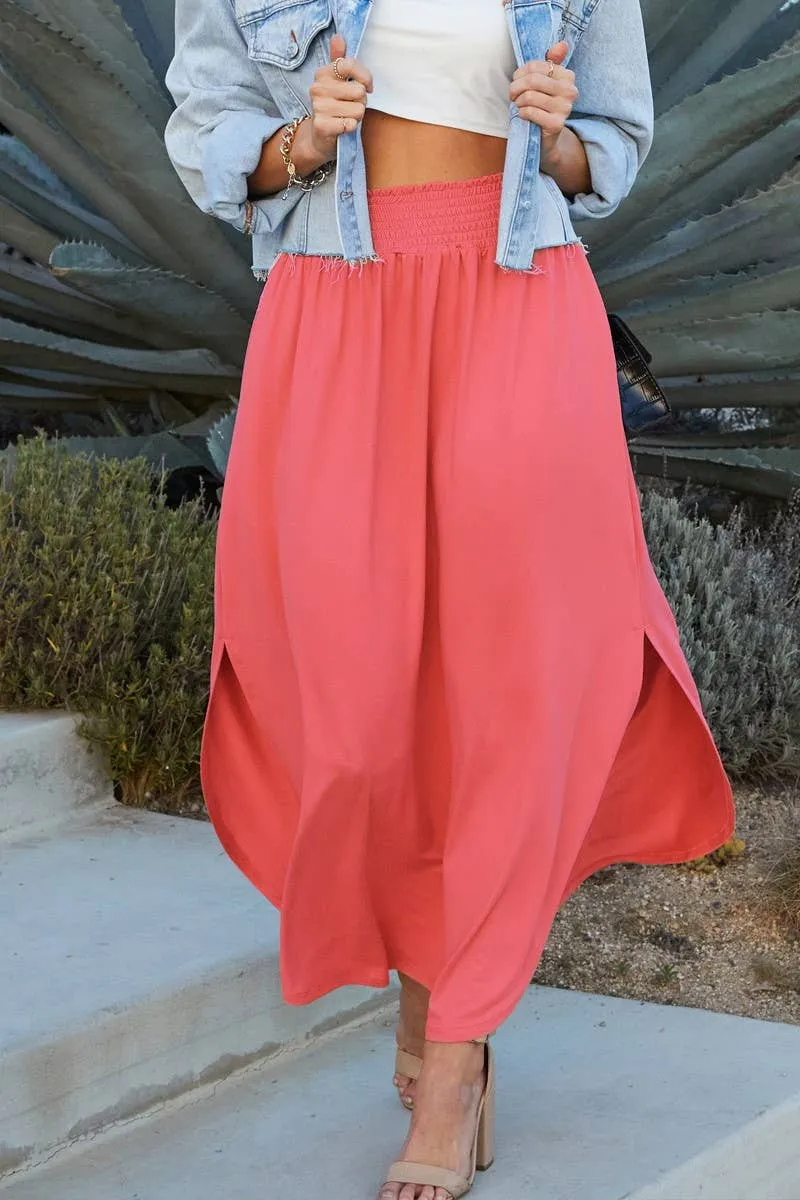 CWBLS041_SMOCKING WAIST MAXI SKIRT WITH SIDE POCKET: CRANBERRY / (S) 1