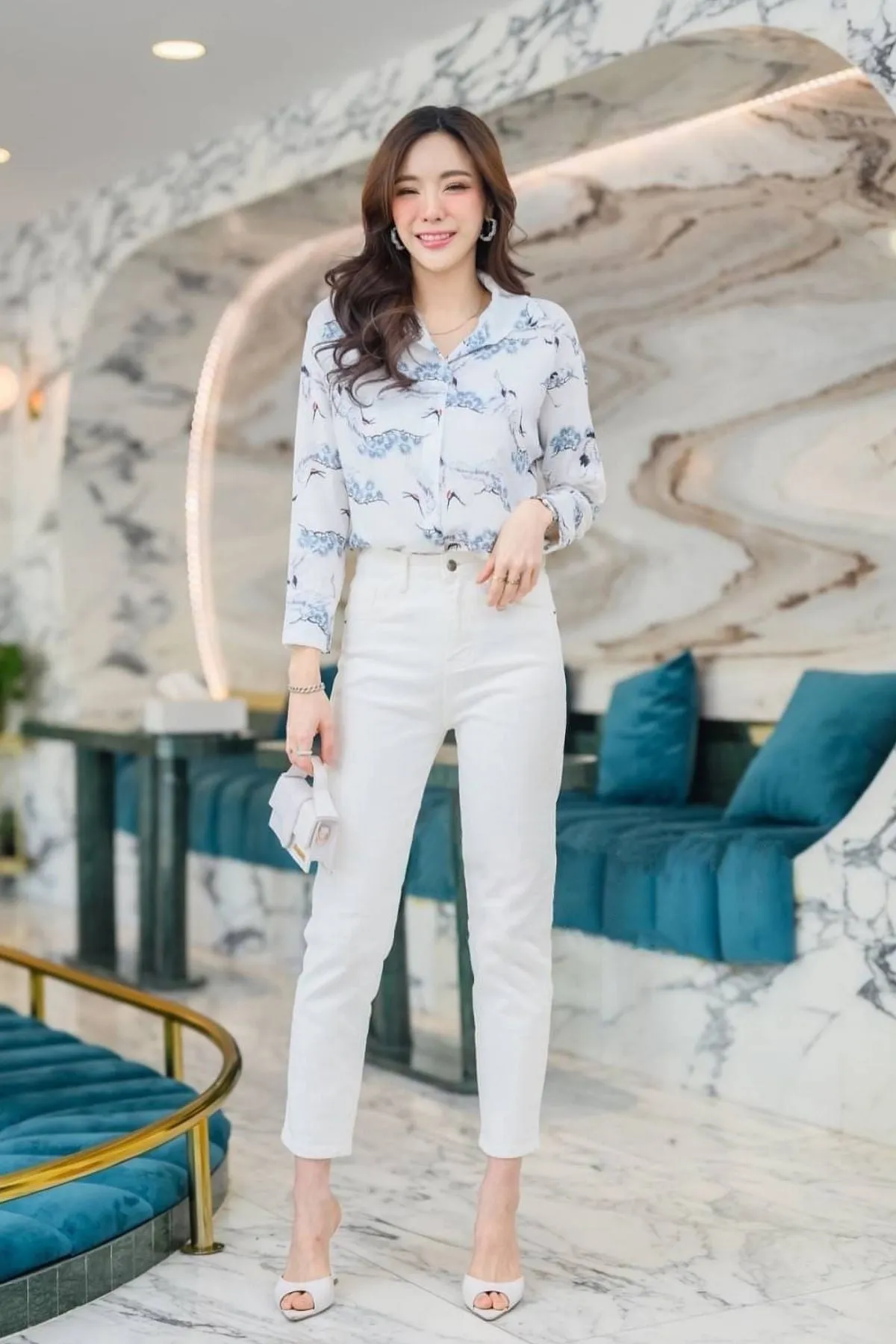 DANIELLE Bird-Print Button-down Shirt (White)