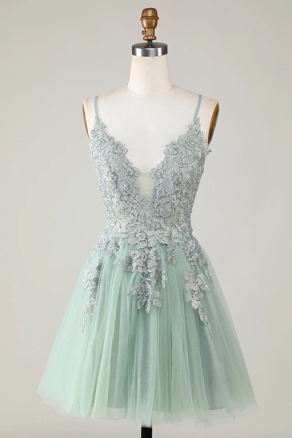 Dark Green A Line Spaghetti Straps Short Homecoming Dress with Appliques