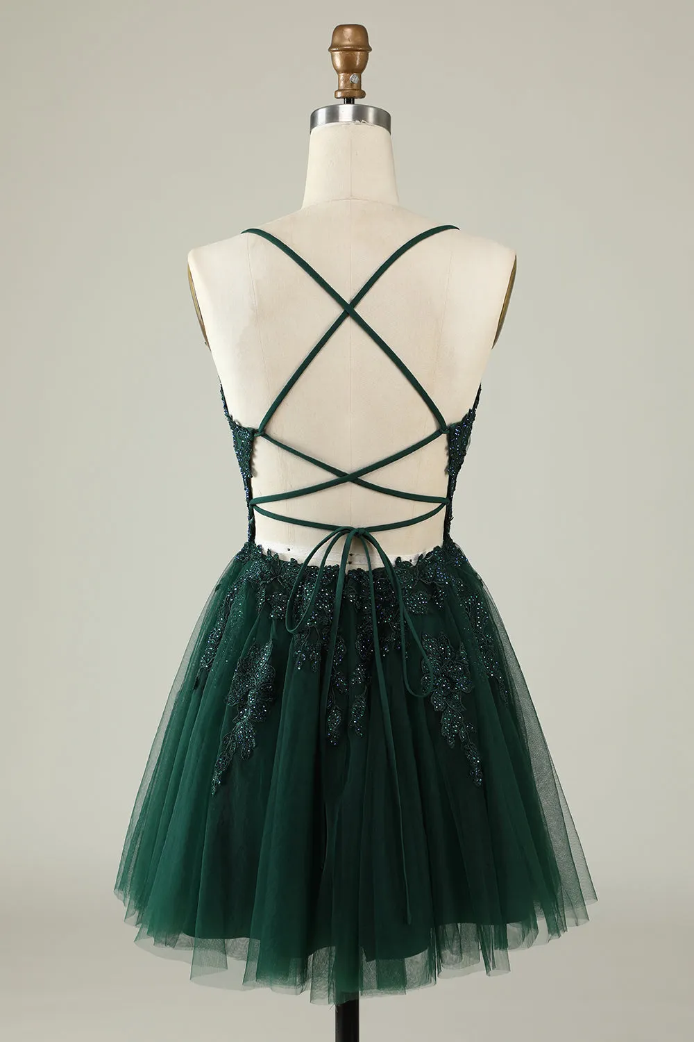 Dark Green A Line Spaghetti Straps Short Homecoming Dress with Appliques