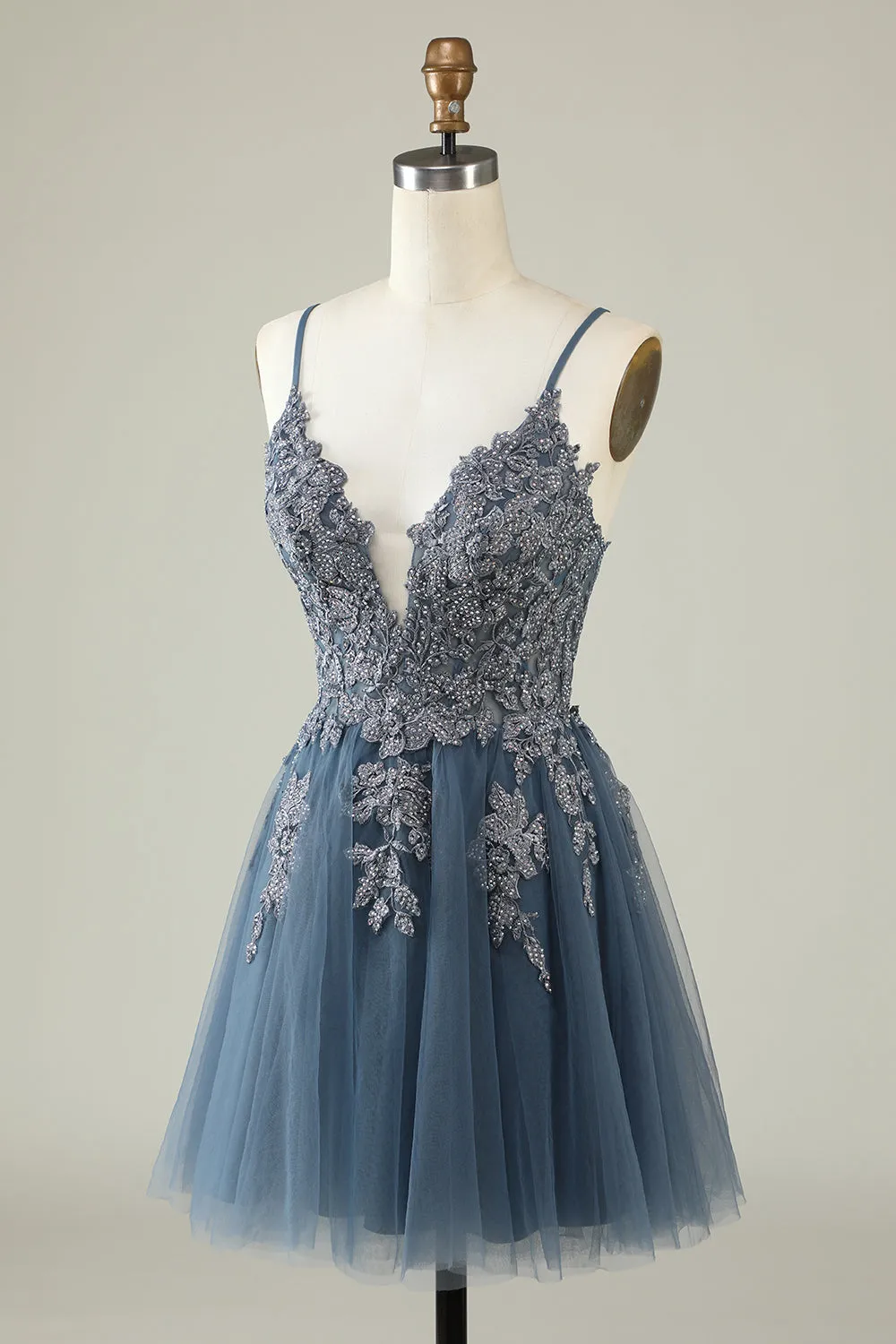 Dark Green A Line Spaghetti Straps Short Homecoming Dress with Appliques