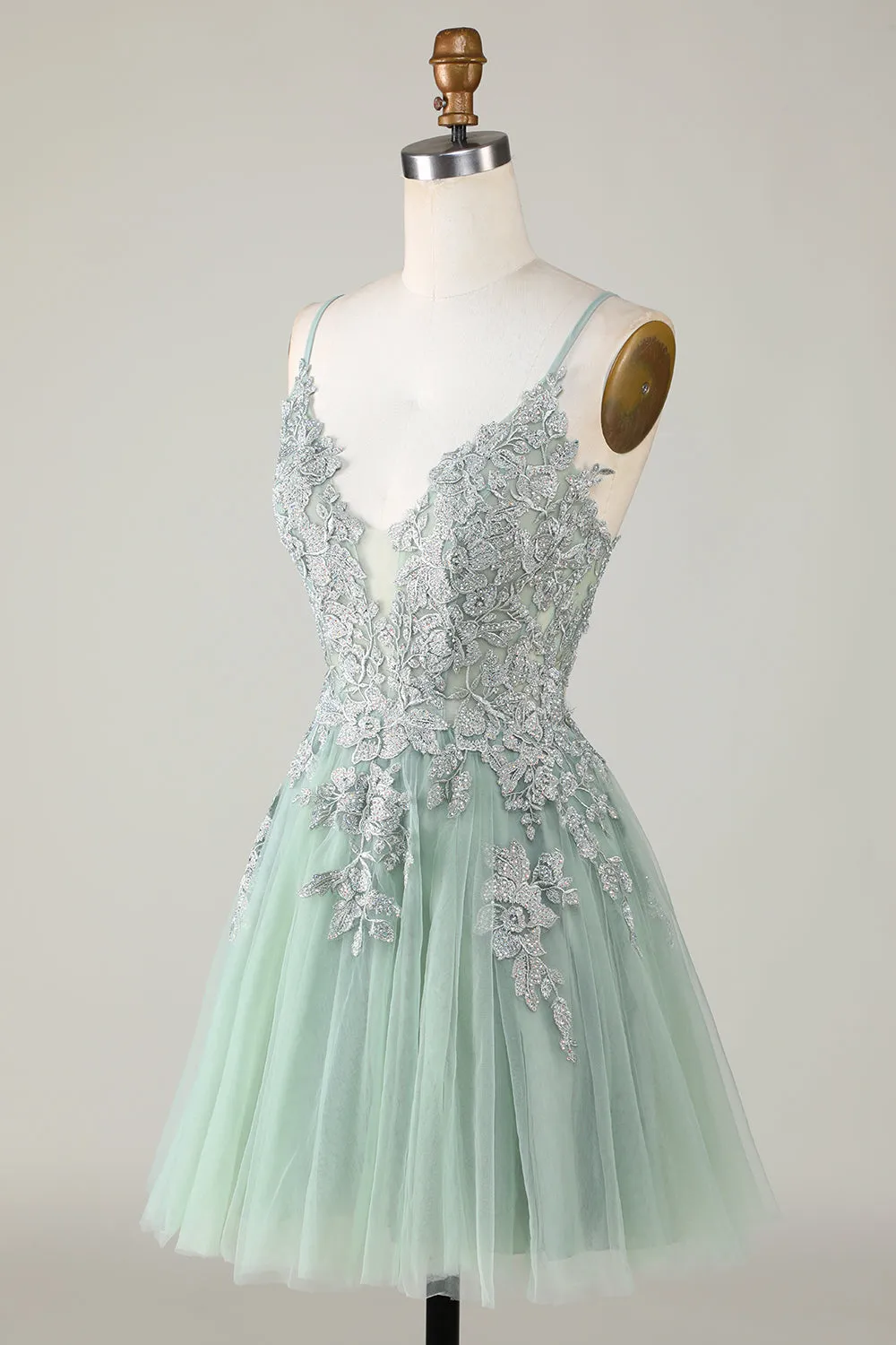 Dark Green A Line Spaghetti Straps Short Homecoming Dress with Appliques