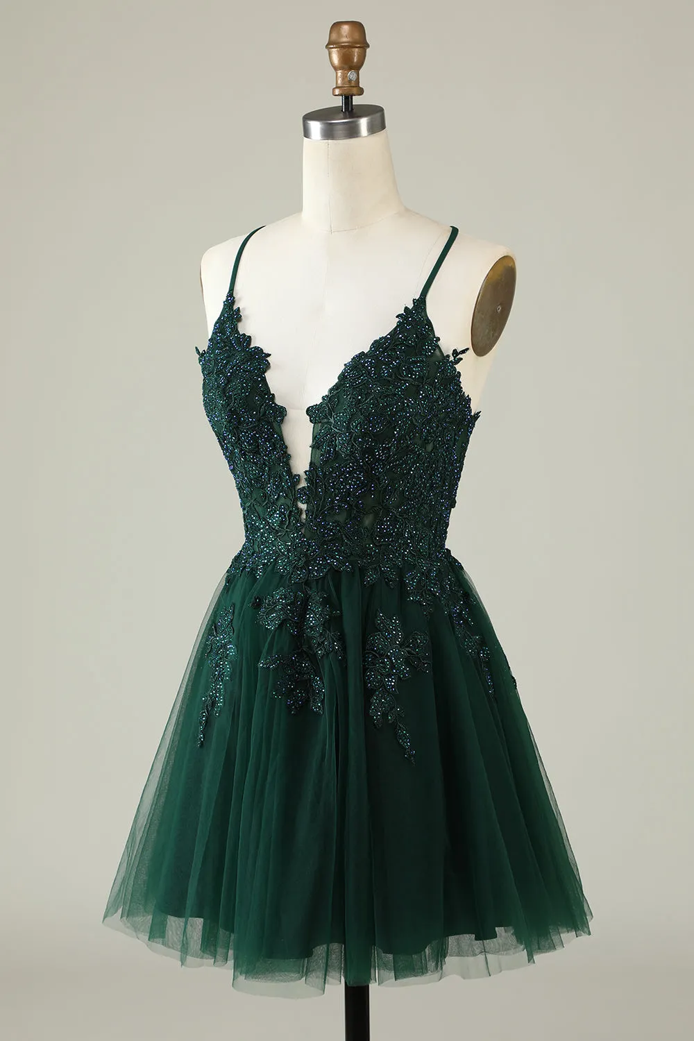 Dark Green A Line Spaghetti Straps Short Homecoming Dress with Appliques