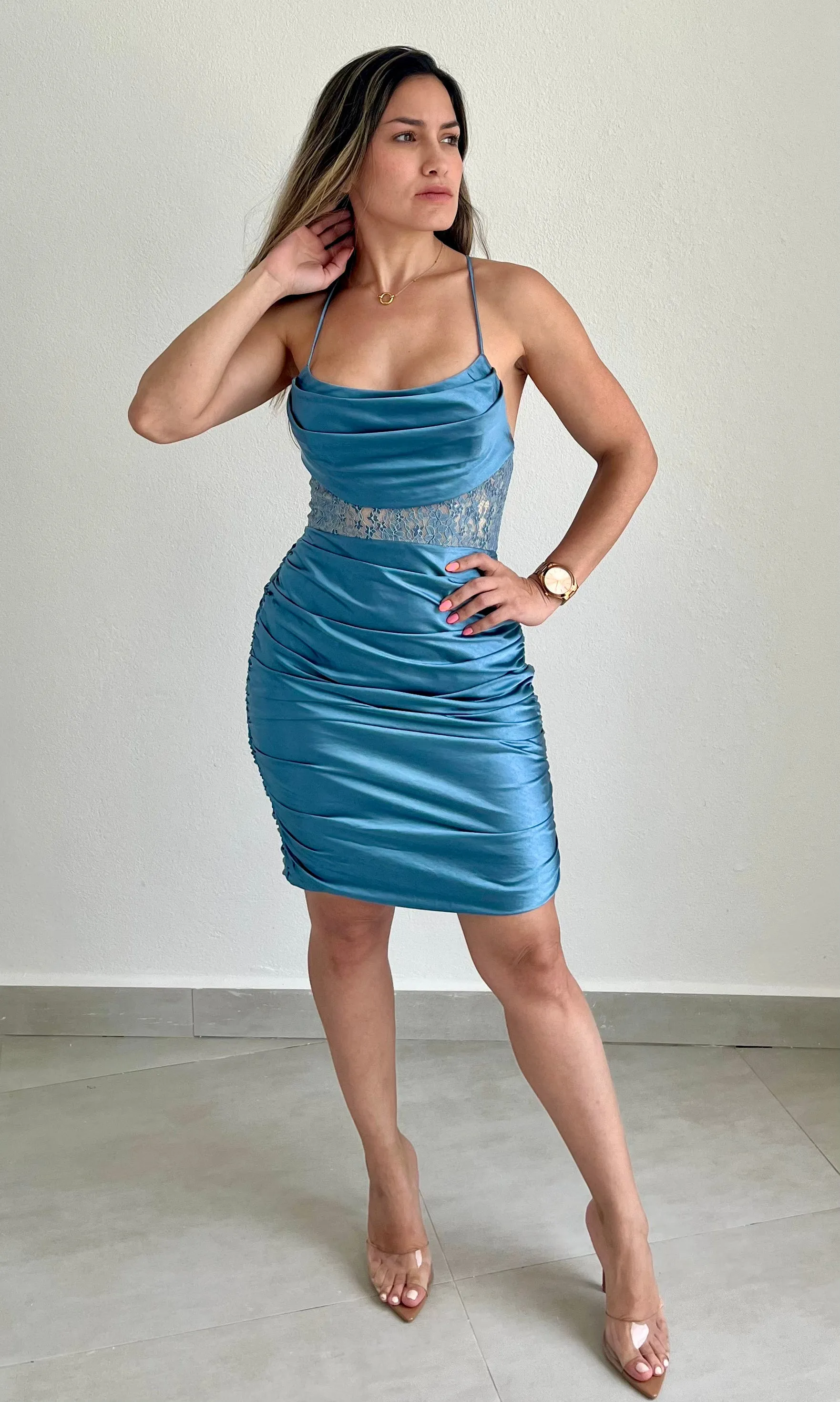 Days of Beauty Blue Satin Bodycon Dress