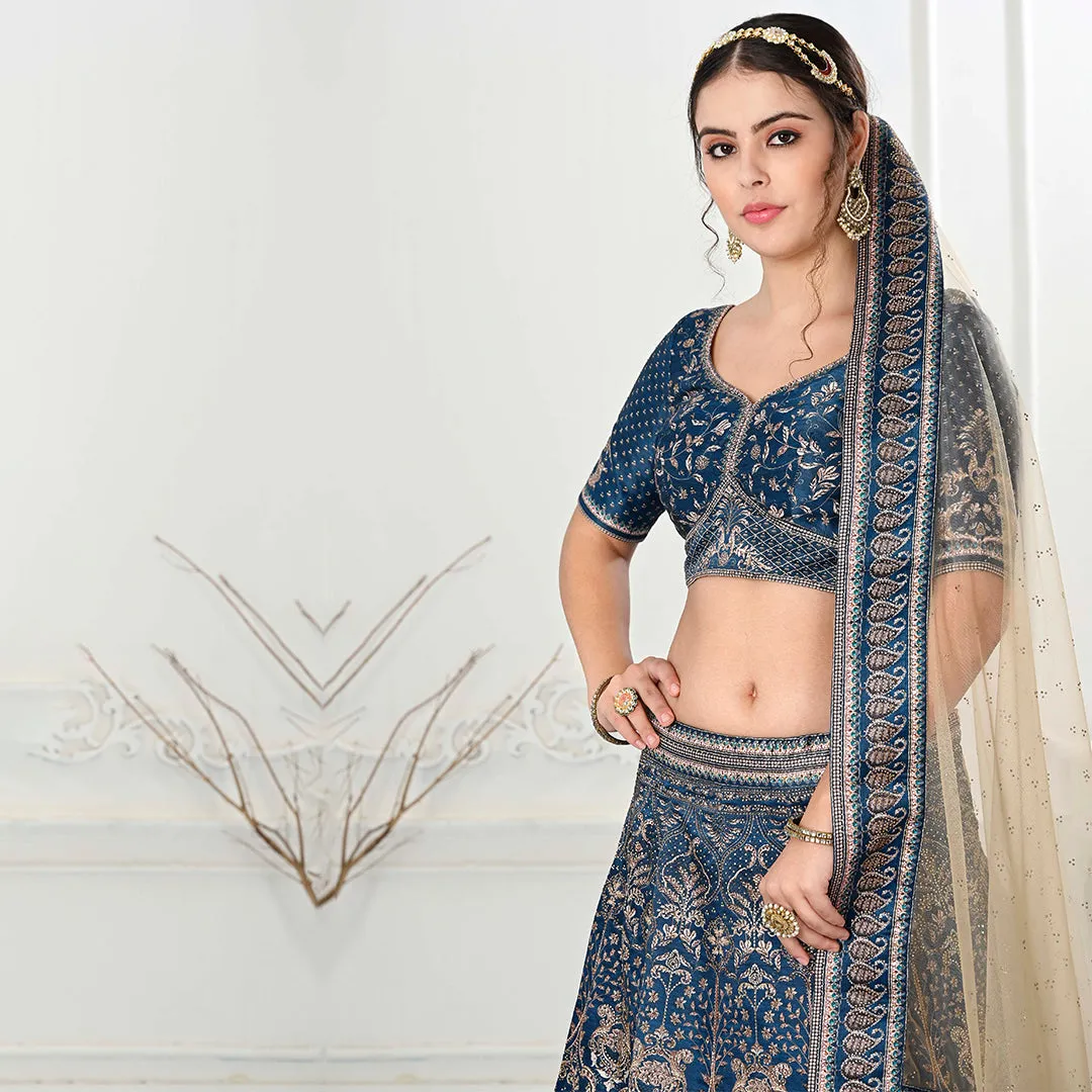 Deep Blue Lehenga Set with Cream Dupatta