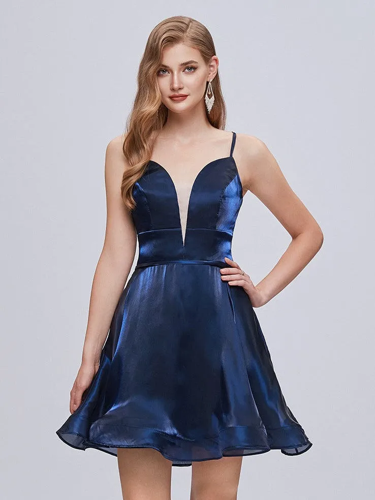 Deep V Neck Spaghetti Strap A Line Short Homecoming Dresses
