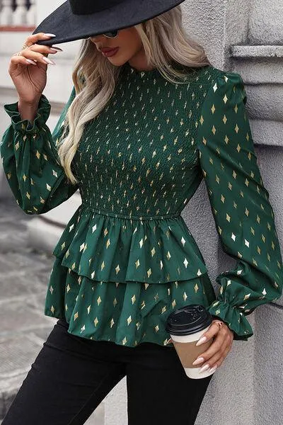 Diamond Print Layered Peplum Long Sleeve Blouse