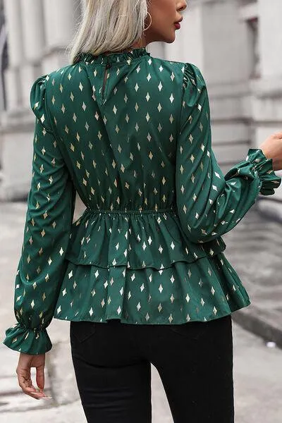 Diamond Print Layered Peplum Long Sleeve Blouse