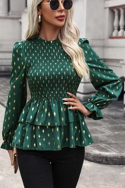 Diamond Print Layered Peplum Long Sleeve Blouse