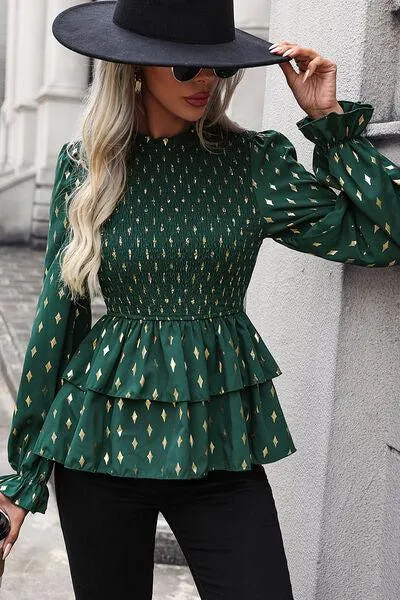 Diamond Print Layered Peplum Long Sleeve Blouse