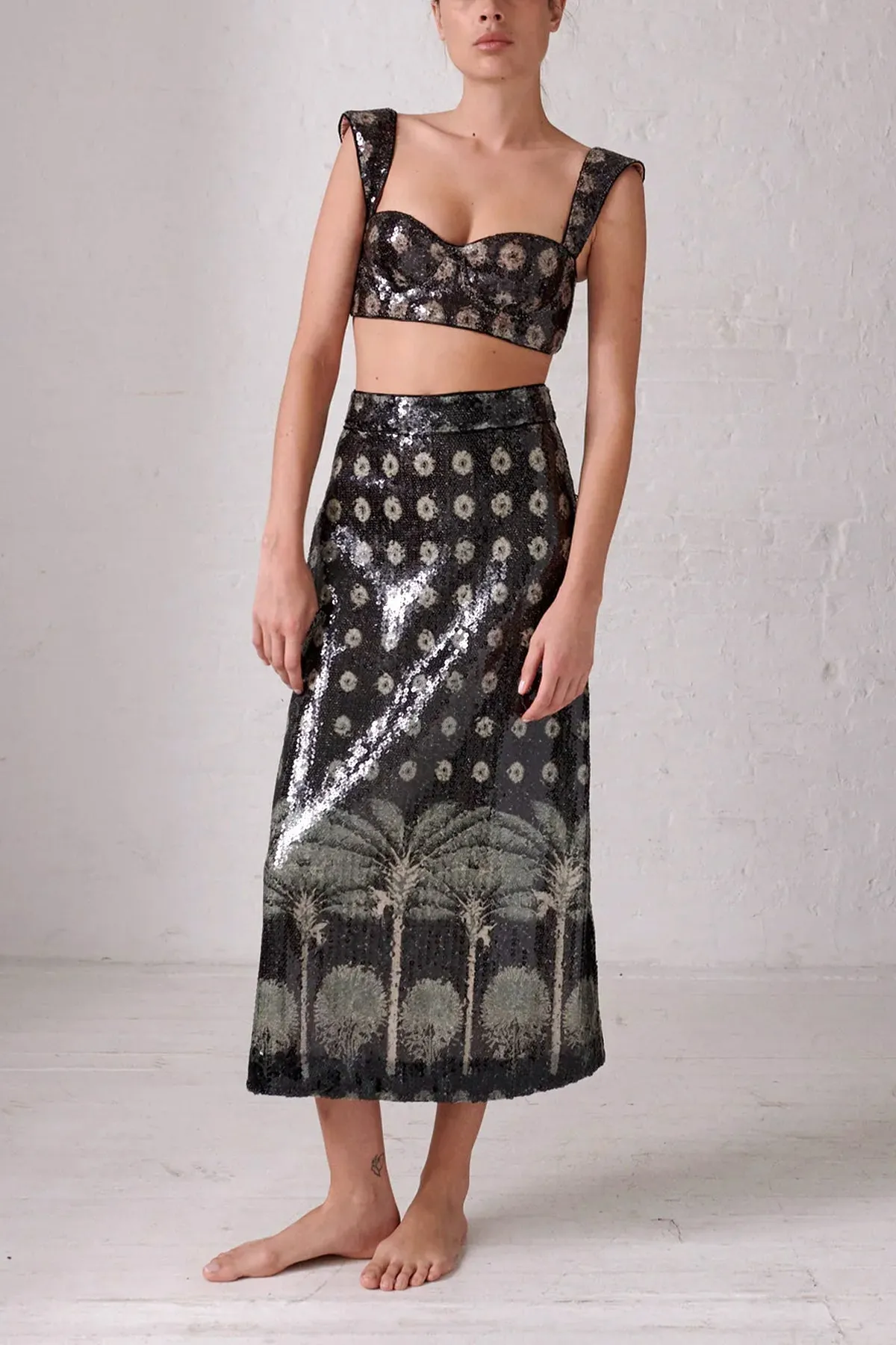 El Carmen Sequins Midi Skirt in Green