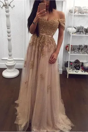 Elegant A-line long prom dresses off-the-shoulder evening dresses,MP442
