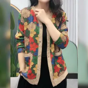Elegant Flower Pattern Button Fly Autumn Cardigan