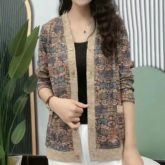 Elegant Flower Pattern Button Fly Autumn Cardigan