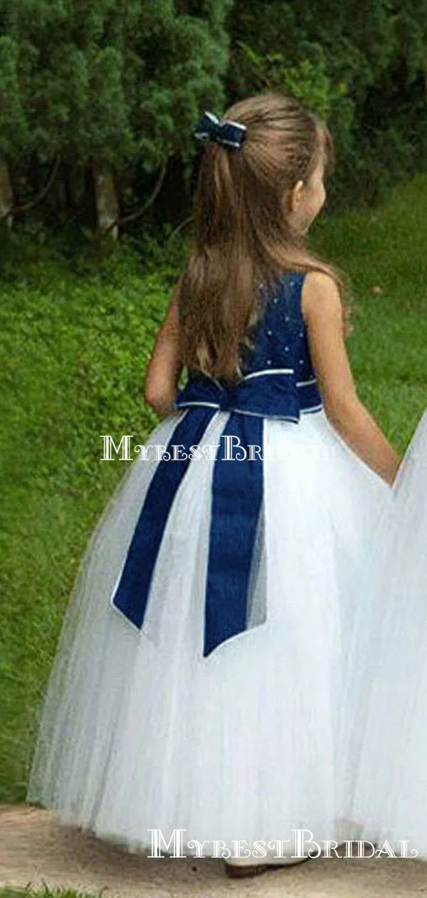 Elegant Round Neck White Tulle A-line Long Cheap Flower Girl Dresses, FGS0022
