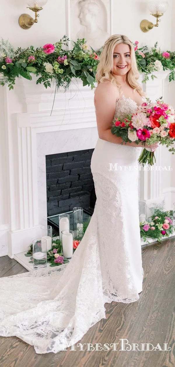 Elegant V-neck Off-White Lace Mermaid Charming Long Cheap Wedding Dresses, WDS0001