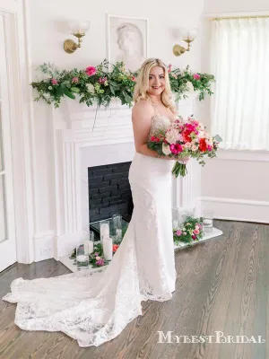 Elegant V-neck Off-White Lace Mermaid Charming Long Cheap Wedding Dresses, WDS0001