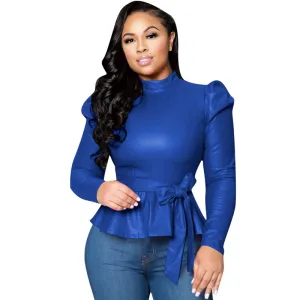 Envy Faux Leather Puff Sleeve Tie-Waist Peplum Top