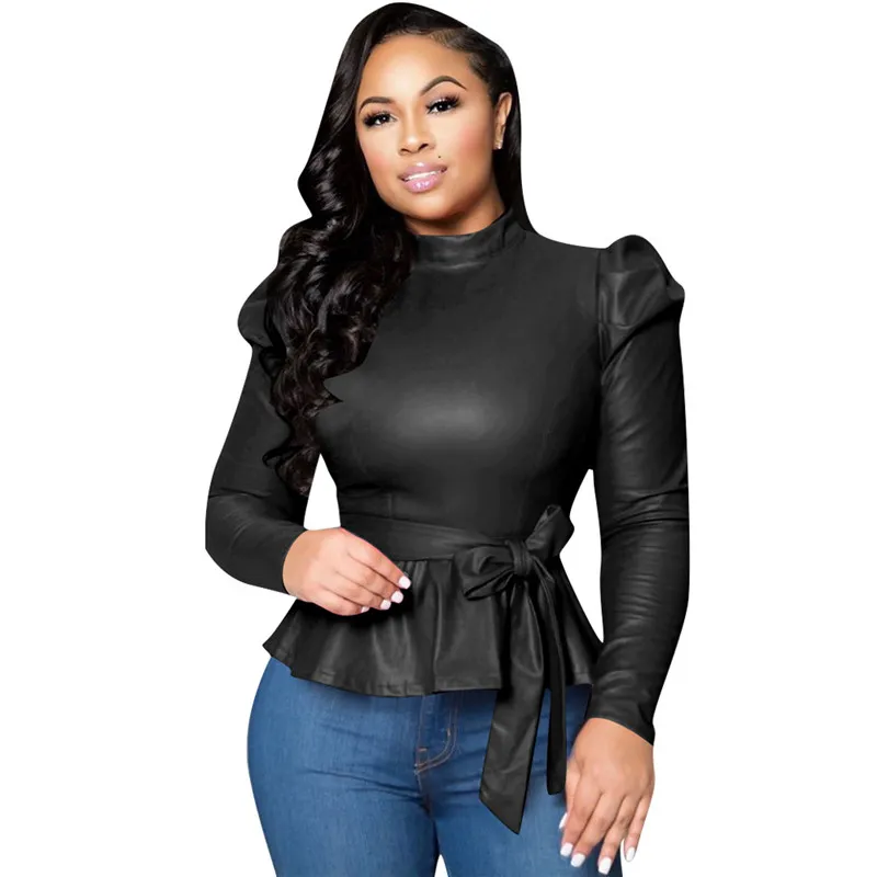 Envy Faux Leather Puff Sleeve Tie-Waist Peplum Top