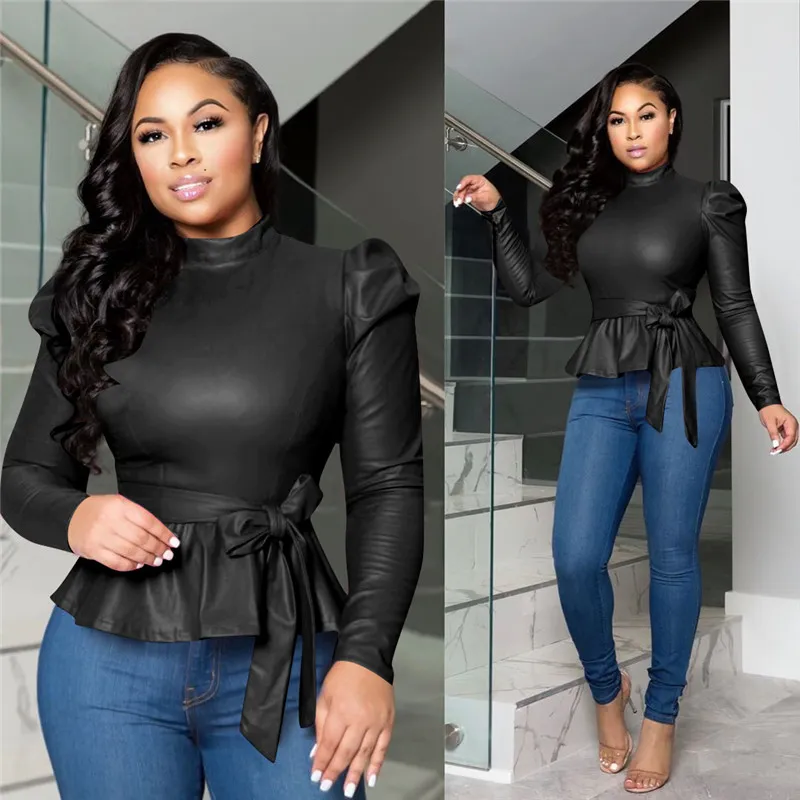 Envy Faux Leather Puff Sleeve Tie-Waist Peplum Top